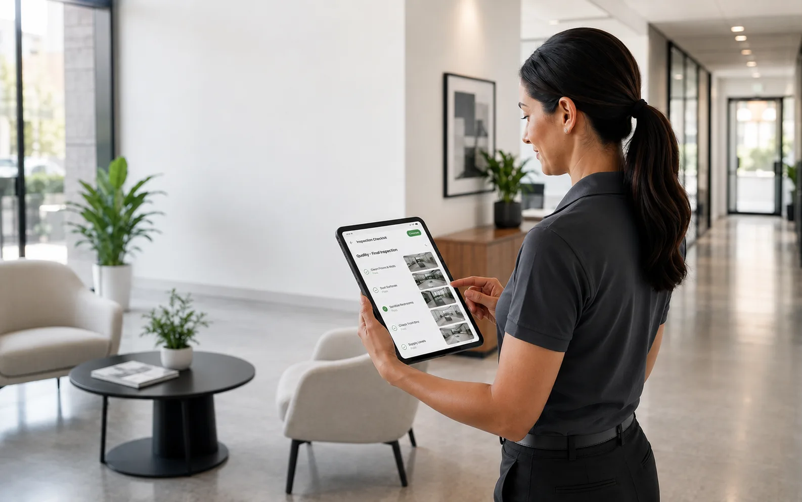 Inspector running a photo checklist on a tablet in a building lobby